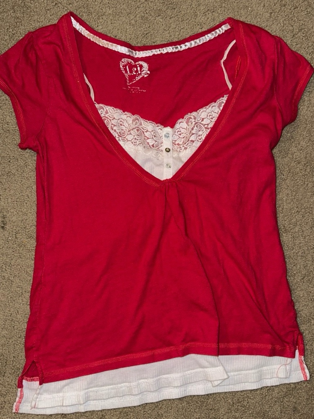 Women’s Layered V-Neck Lace Trim Top - Red